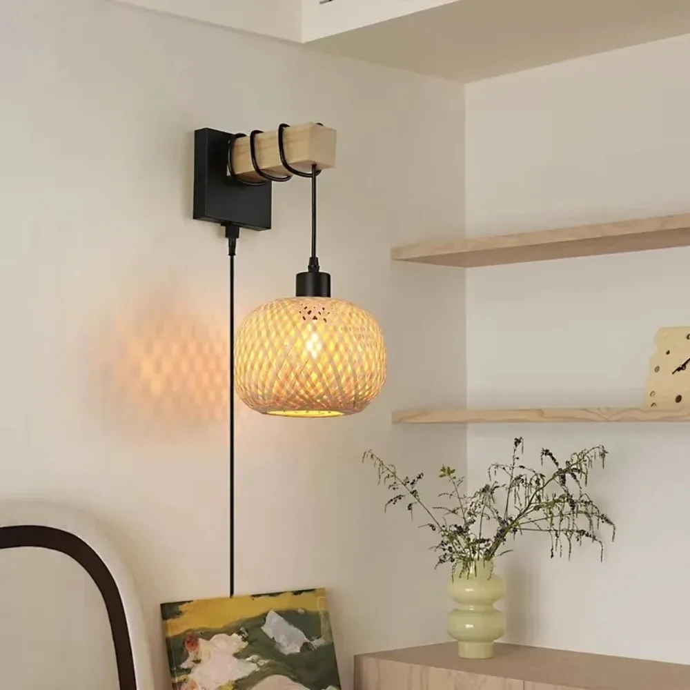 Plug In Wall Sconce, Handmade Rattan Bamboo Night Light, Elegant Wooden Bedroom Lamp, Boho Farmhouse Plug-in Lighting