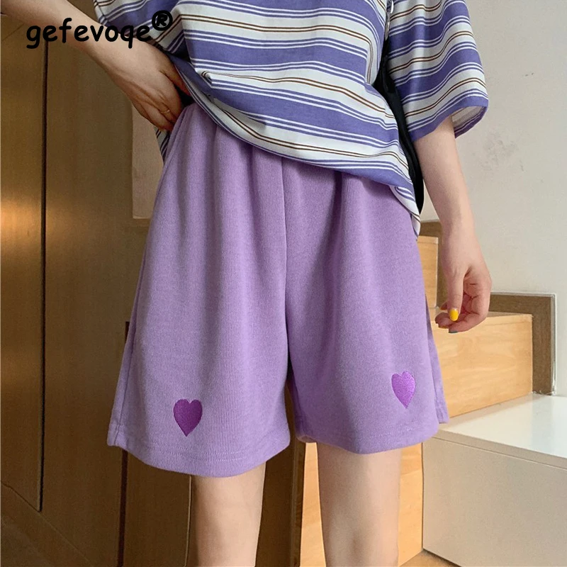 2024 Summer Women Trendy Embroidery Casual Streetwear Y2K Sports Beach Shorts Female High Waist Solid Loose Straight Short Pants