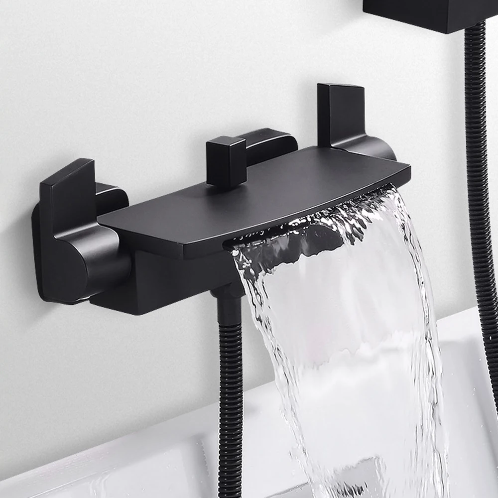 Universal Waterfall Thermostat Bathroom Shower Faucet Set with Handheld Showerhead Wall Mounted Brass Bathtub Hot&Cold Mixer Tap 2