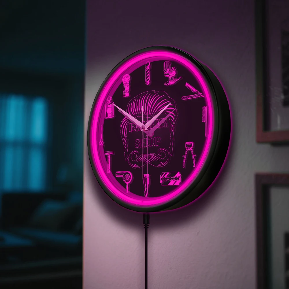 Barber Shop Red Neon Logo Metal Frame Wall Clock for Man Cave Barbering Business Sign Flexible Flex illuminated Neon Wall Clock