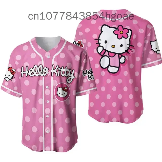 

2024 Hello Kitty Baseball Lovely Personalized Cartoon Print Baseball Jersey Shirts Outdoor Sports Casual Men Women Kids Tops