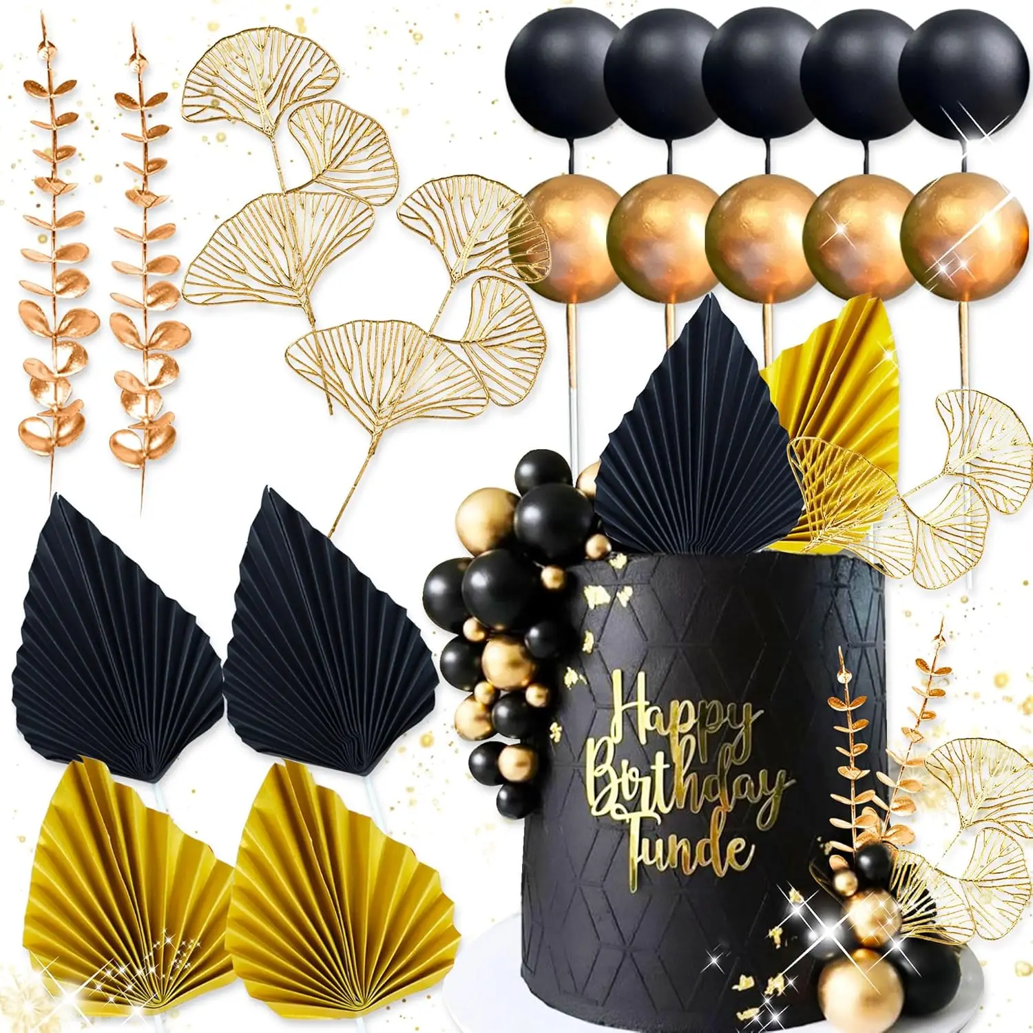 LaVenty Schwarzgoldene Kugeln, Tortenaufsatz, goldene Blätter, Kuchendekoration, Abschlussball, Kuchendekoration, brüllende 20er-Jahre-Kuchendekoration
