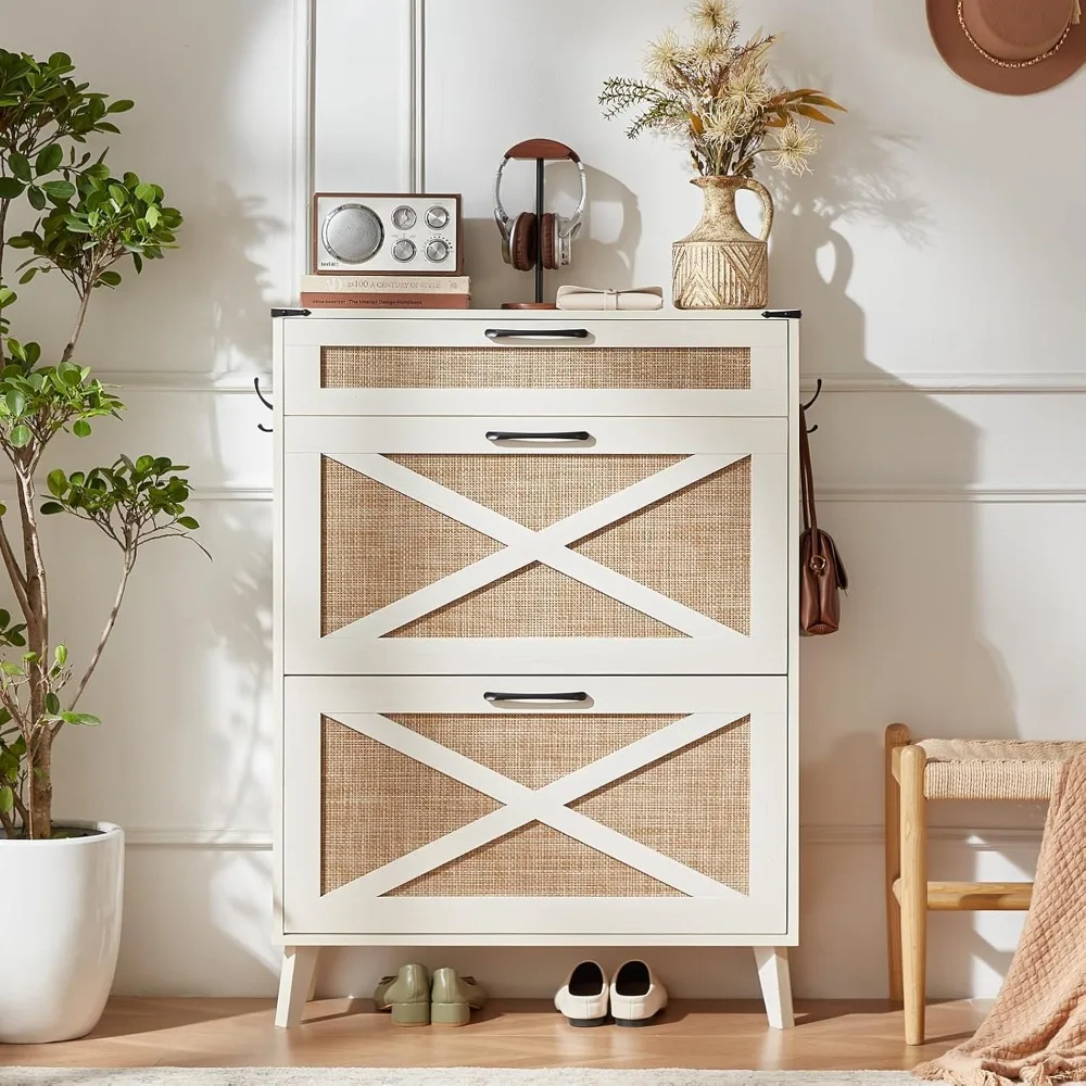 shoe storage cabinet for entryway with 2 rattan flip drawers, boho narrow shoe cabinets for 16-20 pairs shoes with large drawer