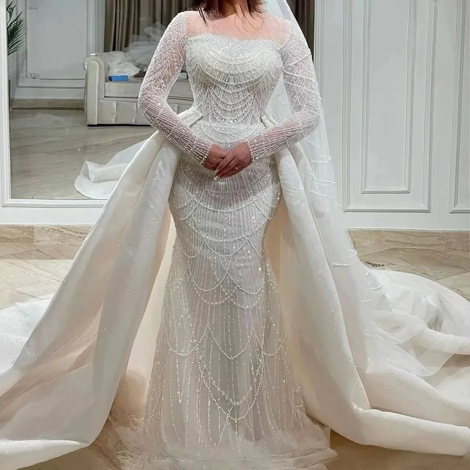Maßgeschneiderte Perlenstickerei 2-in-1 Abnehmbare Schleppe Brautkleid 2026 Prinzessin Dubai Arabisch Lange Ärmel Meerjungfrau Brautkleider – Detail 3