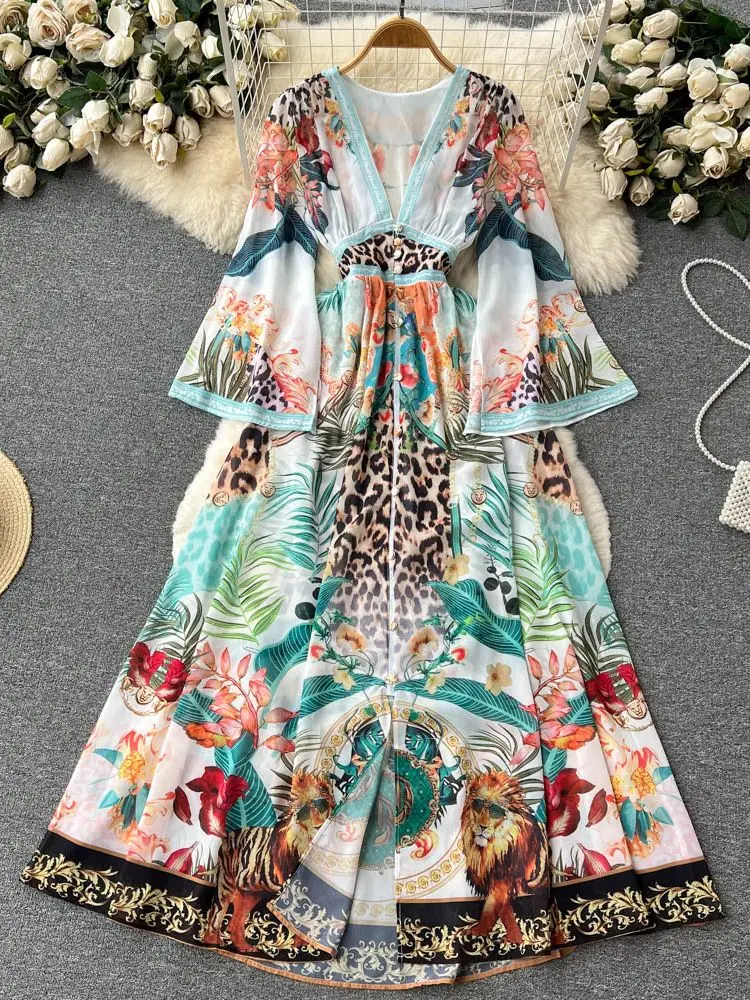 

Bohemian Flower Leopard Print Maxi Dress Women's Sexy Deep V Neck Long Flare Sleeve Elastic Waist Beach Summer Dress