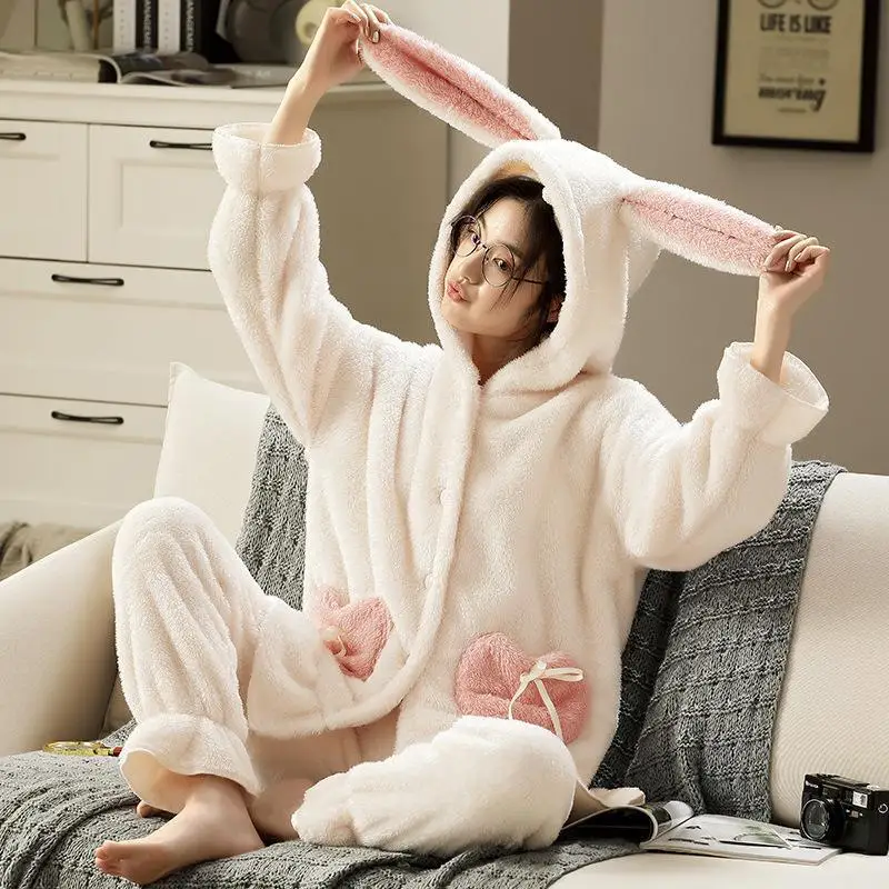 Sweet Lovely Pajamas Set Thick Warm Coral Fleece Homewear Winter Flannel Lounge Soft Plush Sleepwear Women Home Suit Pijama