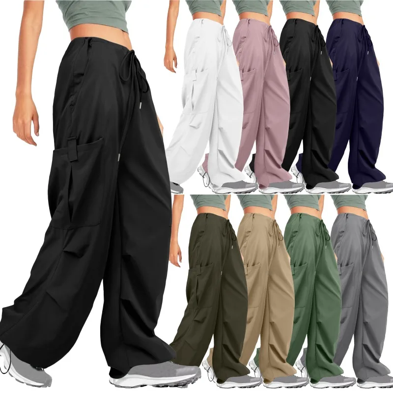 Solid Color Casual Loose Sportswear Cargo Pants Women 2023 Autumn Drawstring Pocket Mid Waist Wide Legs Trousers Streetwear