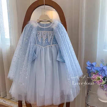 Elsa Frozen Princess Dress with Detachable Cape, Long Sleeve Velvet Sequins Snowflake Dresses for 2-10 Years Girls Party Costume 1