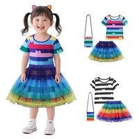 Gaby Doll Striped Fluffy Skirt Cute Girl Short-sleeved Mesh Skirt Bag Three-piece Set Children Birthday Gift Daily Casual Set