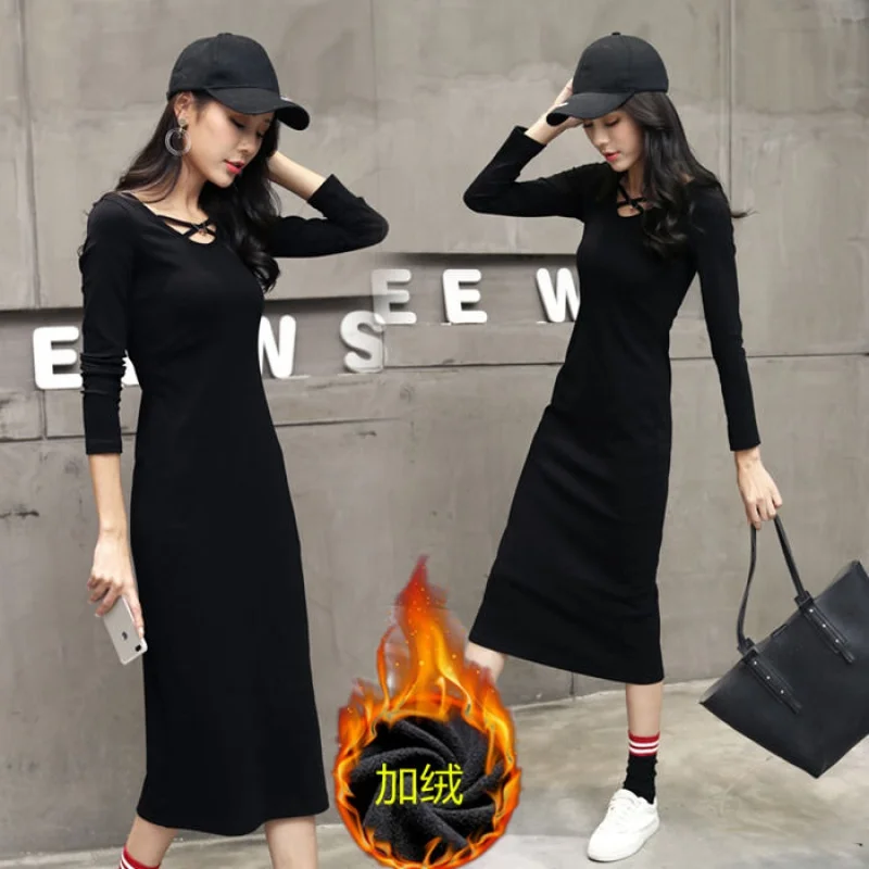 

Plush dress large women's autumn winter long sleeve crew neck solid color slim fit, Hip Wrap Sweater bottoming skirt