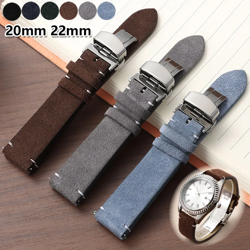 Vintage Suede Leather Watch Strap with Butterfly Buckle