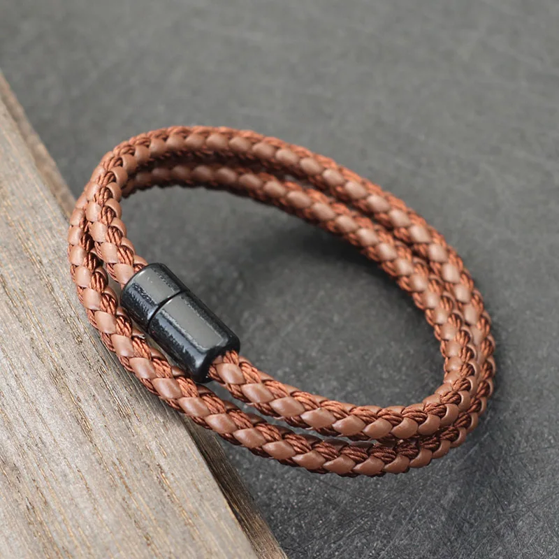 Noter New Minimalist Leather Bracelet For Men Magnet Buckle Handmade Braided Punk Braslet Double Layer Outdoor Survival Braclet - Image 2