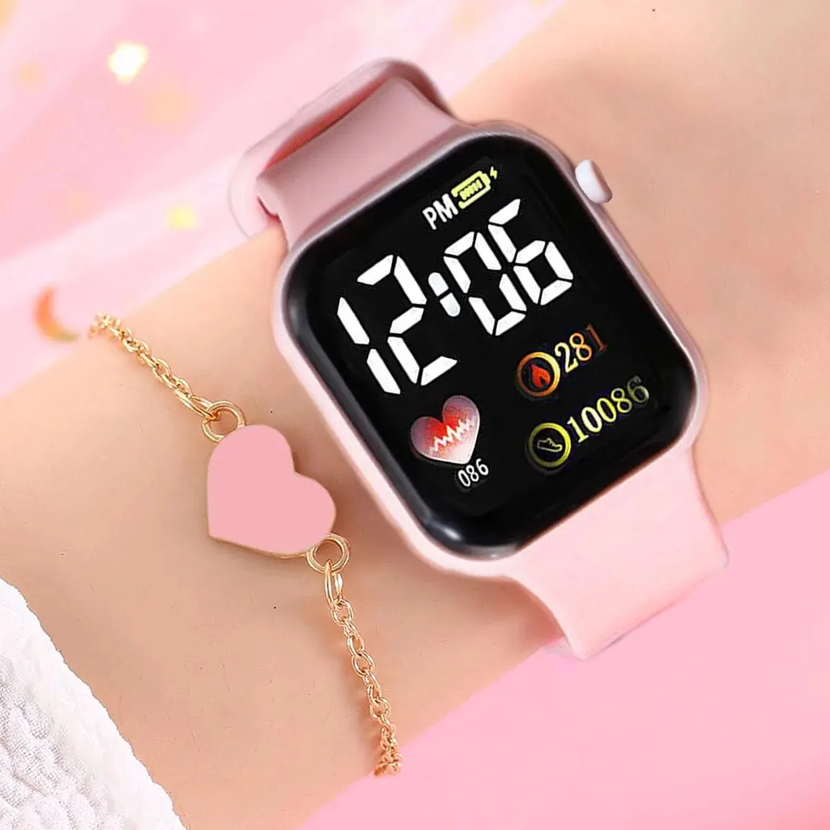 1pcs Ladies Love Pink Silicone LED Electronic Watch +1pcs Unicorn Crystal Bracelet Set for MOTHER'S Day Exclusive Gift 5