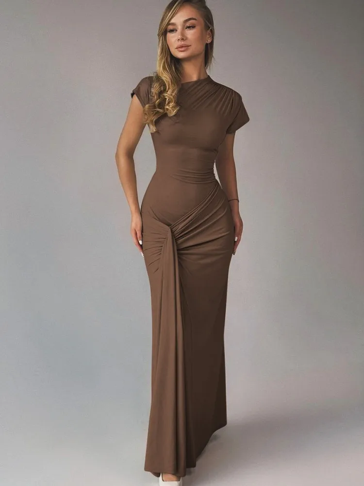 O Neck Short Sleeve Ruched Knotted Women'S Dresses Elegant Evening Prom Ladies Dress Y2K Fashion Casual Fall Clothing