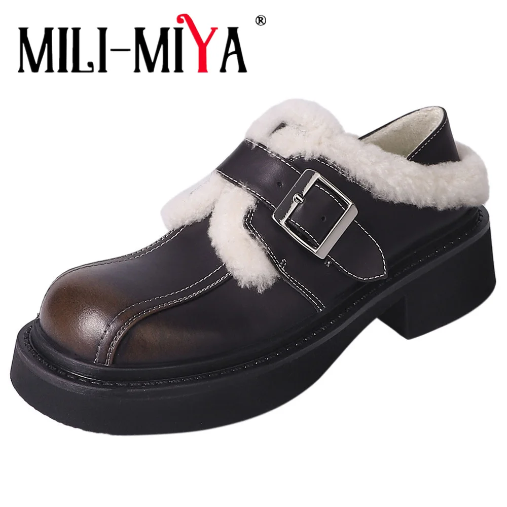 

MILI-MIYA New Arrival Round Toe Women Genuine Leather Pumps Thick Heels Slip On Solid Color Casual Street Shoes Handmade