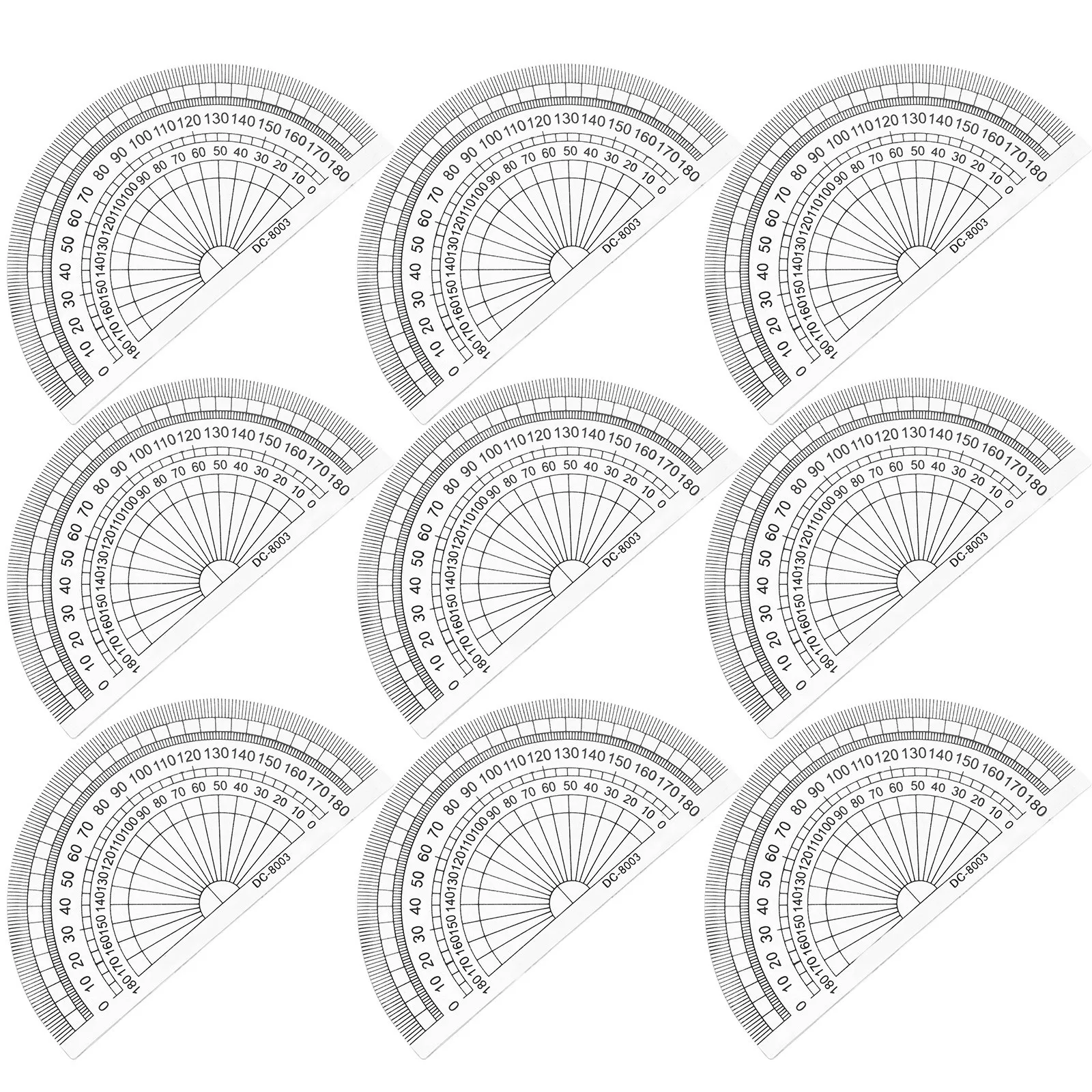 10Pcs 각도기 플라스틱 투명 180도 반원형 기하학 눈금자 수학 그리기 측정 도구 학교용