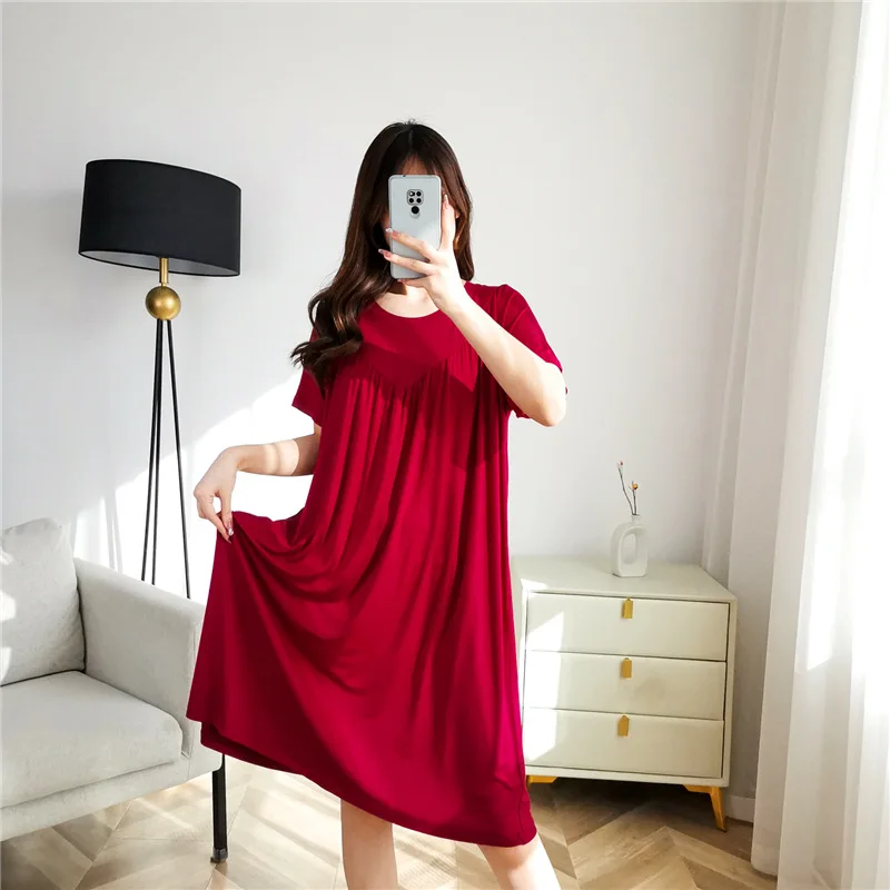 Net Rot Neue Modale Nacht Kleid frauen Frühling Sommer Nachthemden Elastische Lose Nachtwäsche Hause Kleidung Casual Damen Sleep – Detail 24