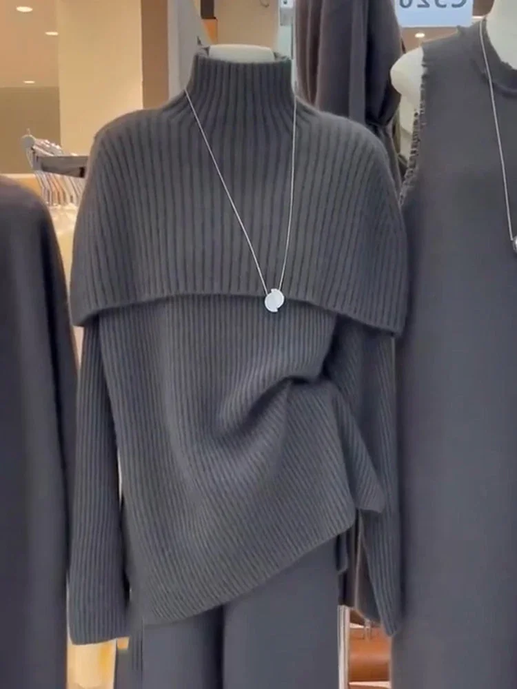 Women's High-Necked Cashmere Knitted Sweater Lazy Wind Leisure Style Autumn Winter Gray Wild Top Grade New