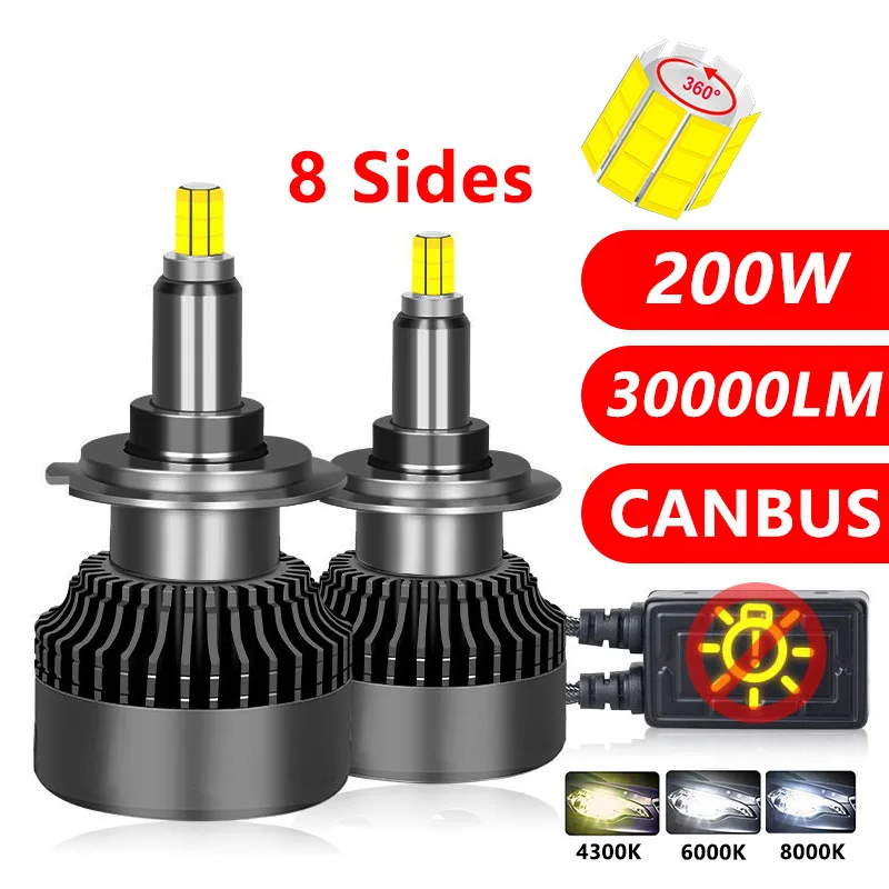 H7 LED Canbus 360 H1 30000LM 200W HB3 9006 HB4 9012 Turbo Bi Led Projector Lens H11 9005 Car Headlight Bulb Fog Lamp 6000K