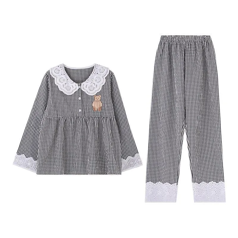 2024 Latest Sweet Plaid Pajamas Lace Doll Collar Sleepwear Women Spring Autumn Thin Nightdress Lapel Long Sleeve Home Wear Set