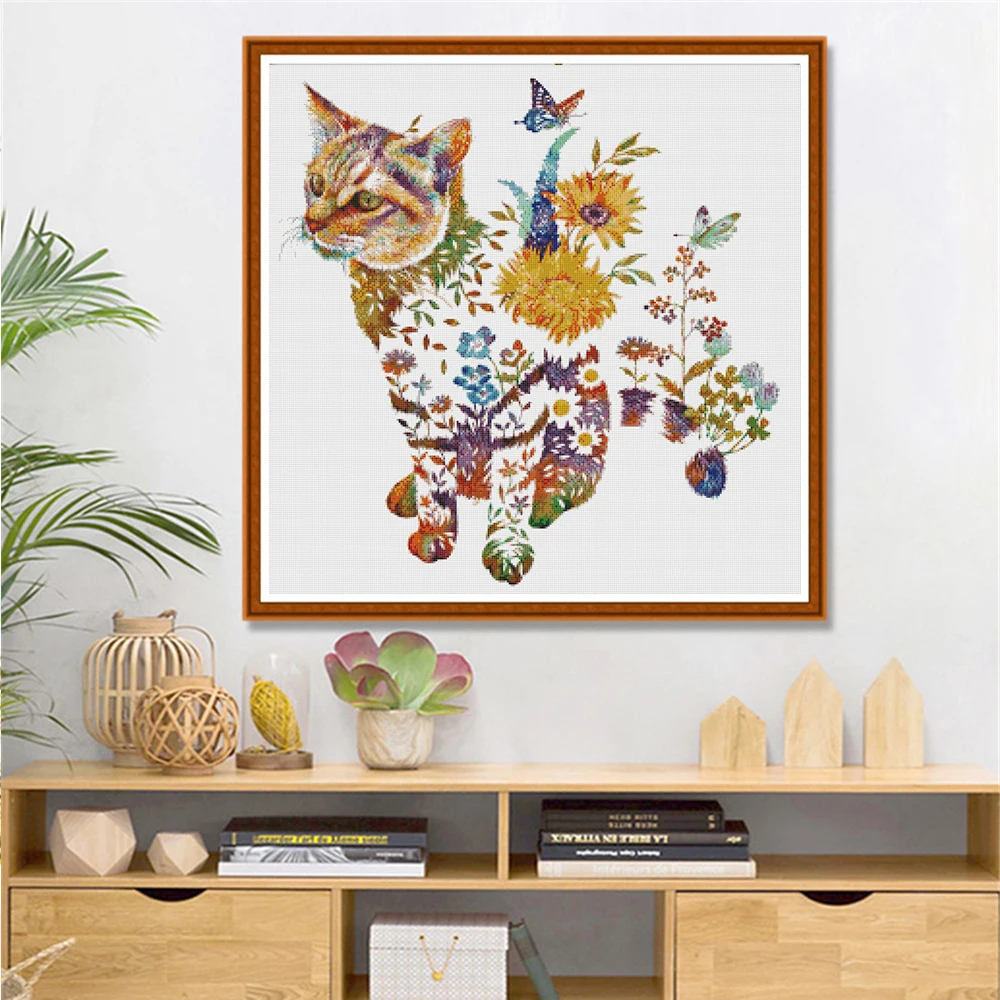 HUACAN Embroidery Kits Flowrer Cat Needlework Cross Stitch Animal Sets DIY Printed Canvas Gift Home Decoration 11CT 40x40cm cross stitch kit