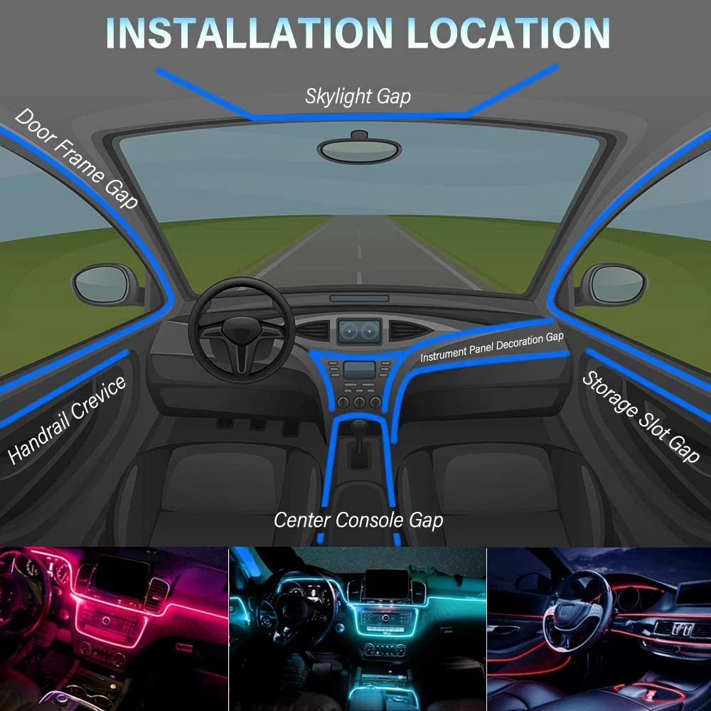 6IN1 8M RGB LED Atmosphere Car Interior Ambient Light Fiber Optic Strips App Control