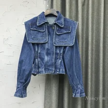 

Blue Denim Coat Women 2022 Spring and Autumn Waist Trimming Short Design Pocket Lapel Pleated Jean Jacket Ladies Outwears
