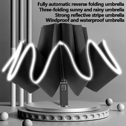 Fully Automatic Reverse Folding Umbrella With 10Ribs Windproof Reflective Stripe UV Umbrellas For Sun Or Rain Day