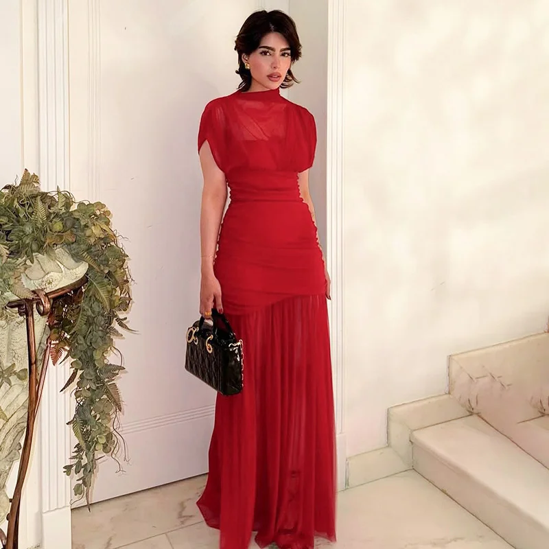 Blifanbo Mesh Short Sleeve Sexy Maxi Dress For Women Elegant High Waist Fashion Patchwork Summer Sexy Slim Club Party Long Dress - view