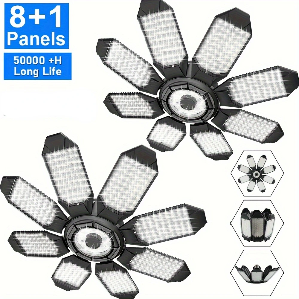 1/2PCS 8 + 1 Adjustable Panels Deformable LED Bulb Garage Light E27/E26 Ceiling Lighting 6500K Daylight Light for Warehouse Garage