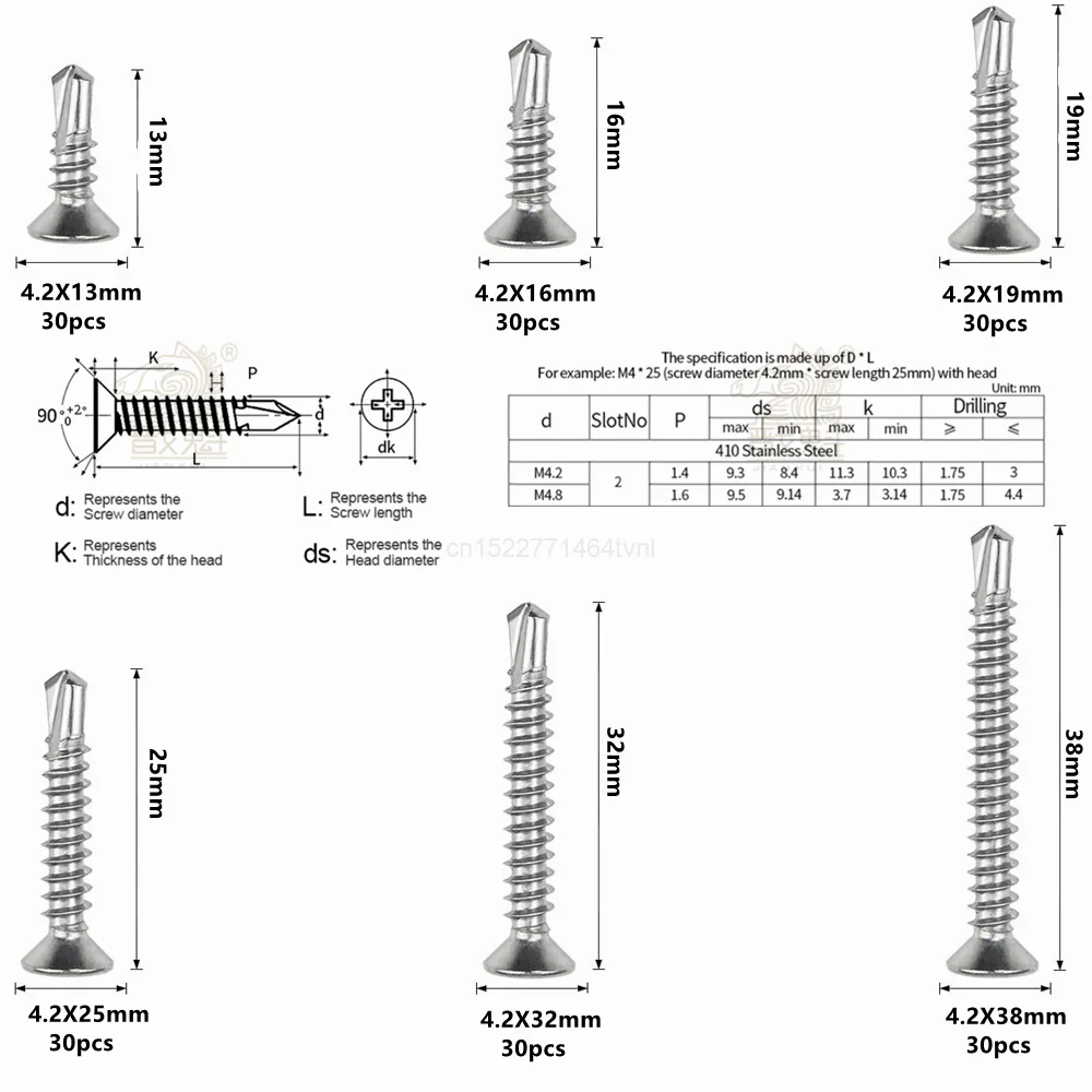 180pcs phillips flat head self drilling tapping screw kit 410 stainless steel m4.2 washer head drilling screw with screwdriver