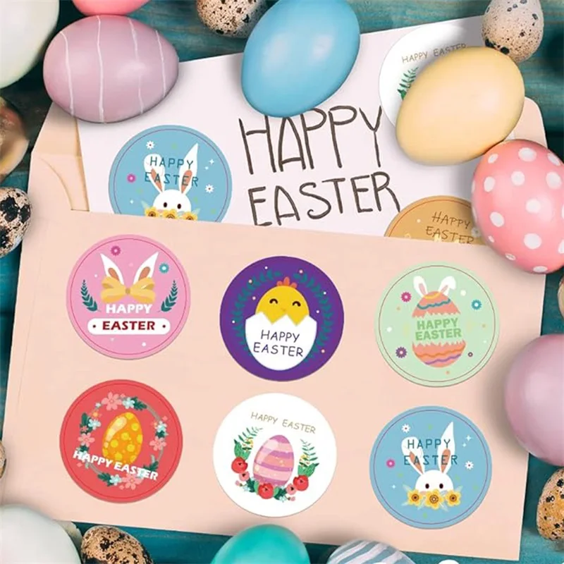 Easter Sticker Rolls 500 Pcs Self Adhesive Cute Bunny Chick Egg Decorative Stickers Wrapping Supplies
