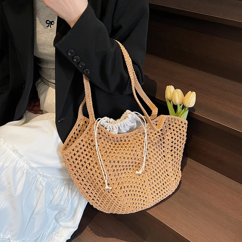 2025 Latest Summer Beach Straw Woven Tote Bag For Women 2-IN-1 Hollow-out Lightweight Large Capacity Shopper Shoulder Bag Female