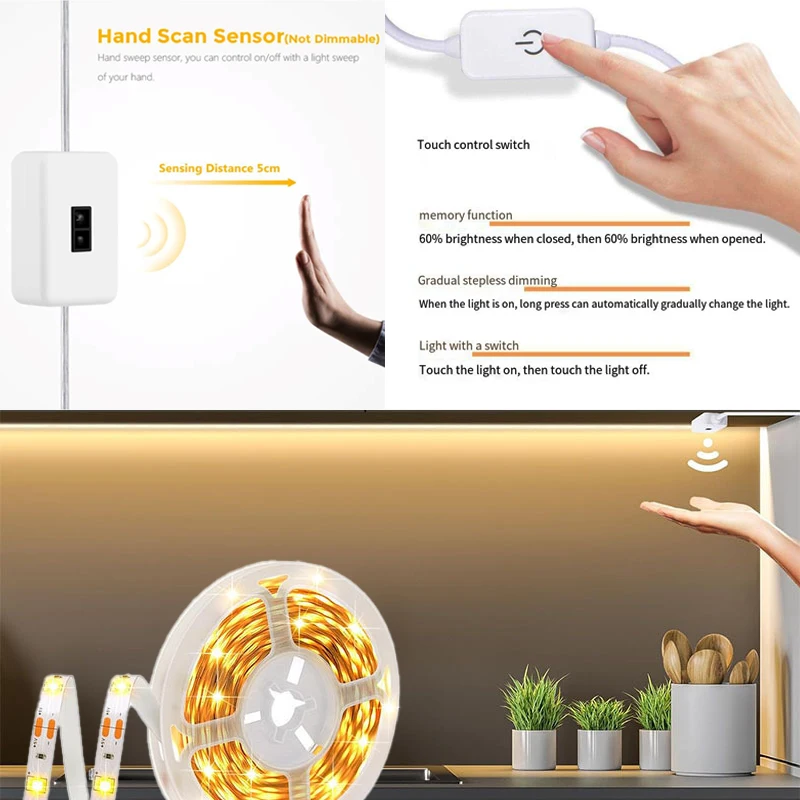 LED Strip Lamp DC USB 5V intelligent dimmer hand sweep induction switch control backlight tape TV lamp tape bedroom home decorat