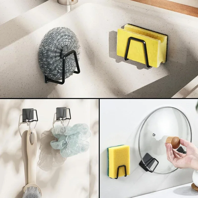 Kitchen Sponges Holder Carbon Steel Sink Sponges Drain Drying Rack Pot Cover Rack Self Adhesive Storage Holder Kitchen Organizer