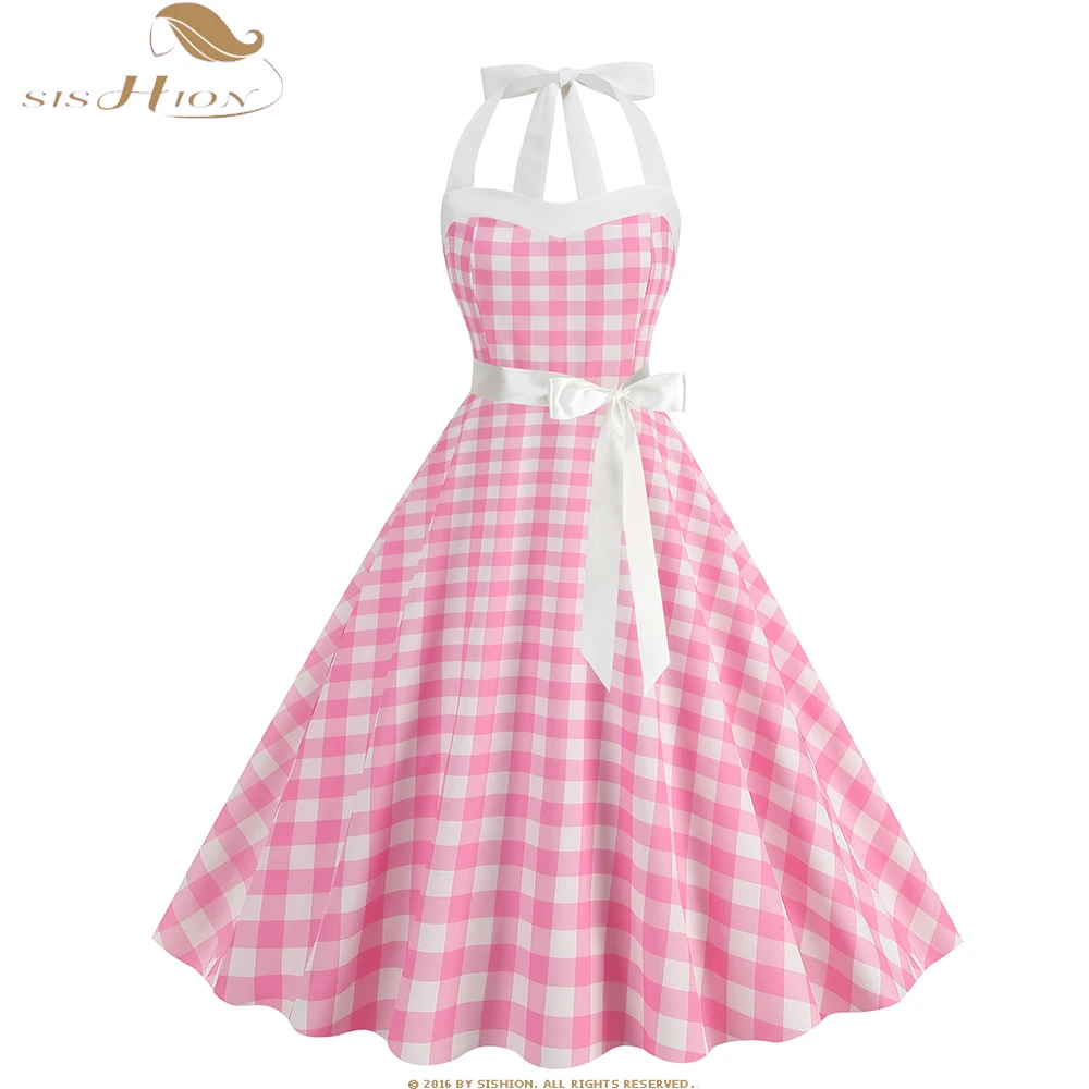 

Elegant 50s 60s Halter Vintage Summer Party Dress Women Strapless Dot Print Pinup Rockabilly Big Swing Pink Sundress SR1219