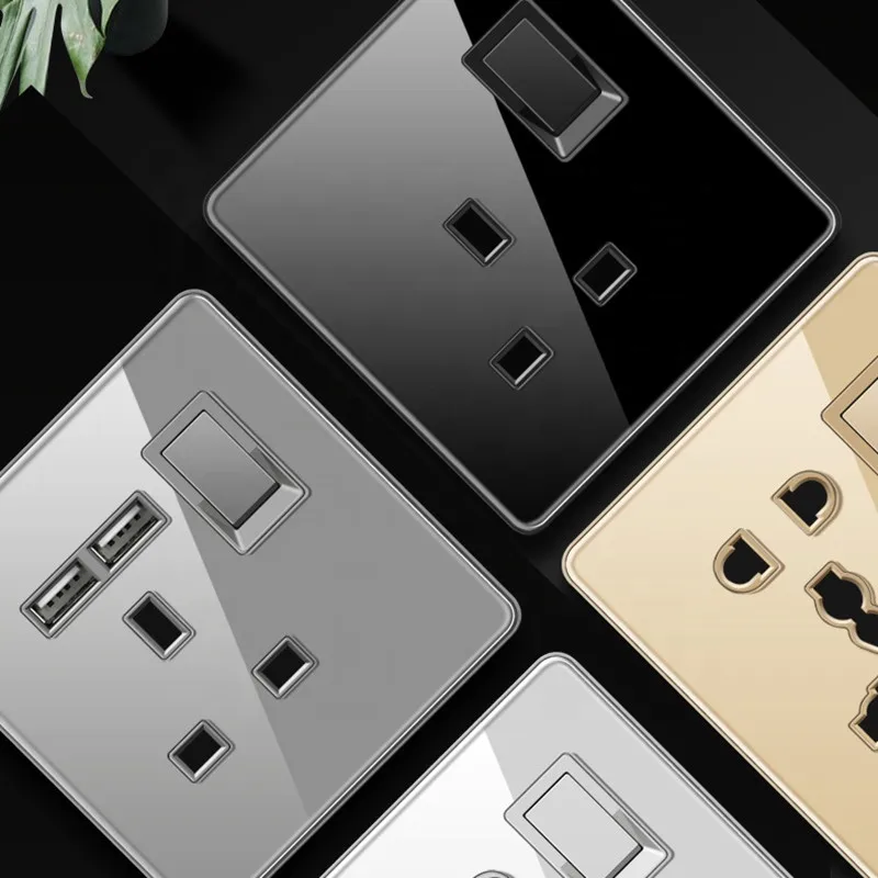 High Quality Wall Light Switch Glass Black Uk Wall Socket With Usb