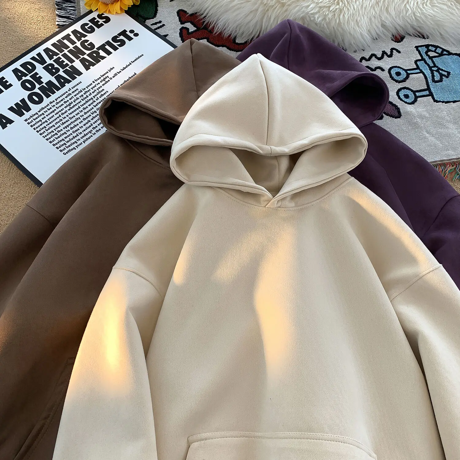 

High Street Women Suede Basic Hoodies Solid Color Harajuku Drop Shoulder Unisex Cloting High Quality Female Hooded Sweatshirts