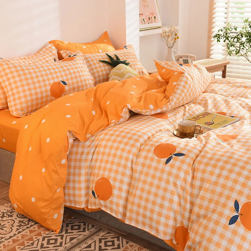 Home Textile 4-Piece Bedding Set for Single/Double Student Bedsheet Pillowcase Skin-Friendly Fabric Orange Duvet Cover