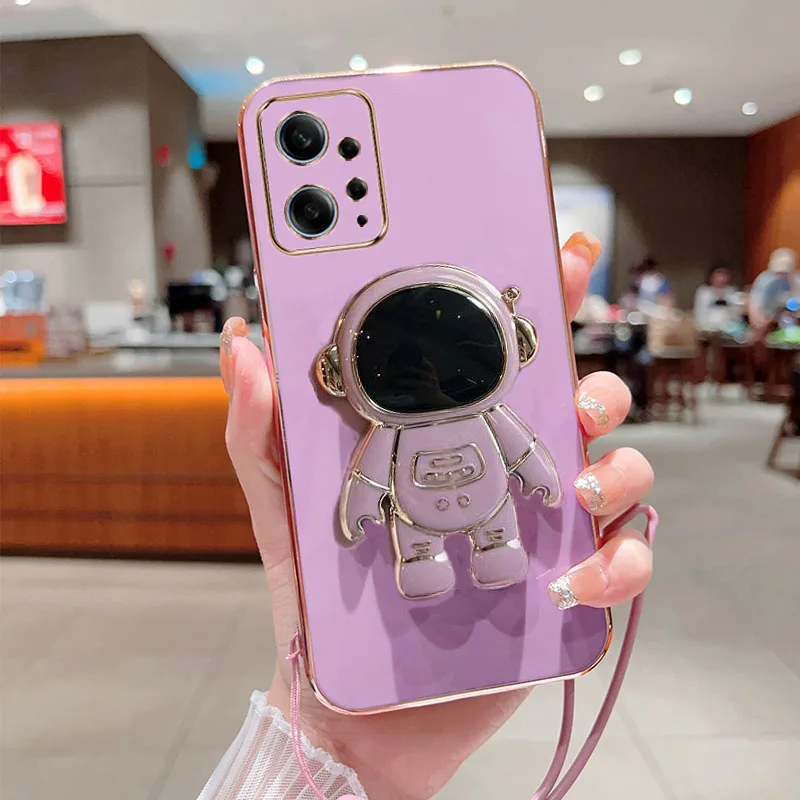 Compatible with Redmi Note 12 4G Case with Plating Creative Astronaut  Cartoon Holder Pink, Xiaomi Redmi Note 12 4G Phone Case Silicone Shockproof