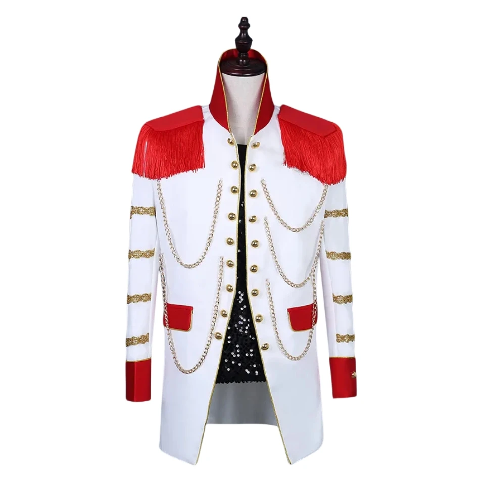 

Direct deal Tide red Tassels Long Blazers Men's Slim jacket Tide Male Singer Star Nightclub Concert Costume Host Overcoat