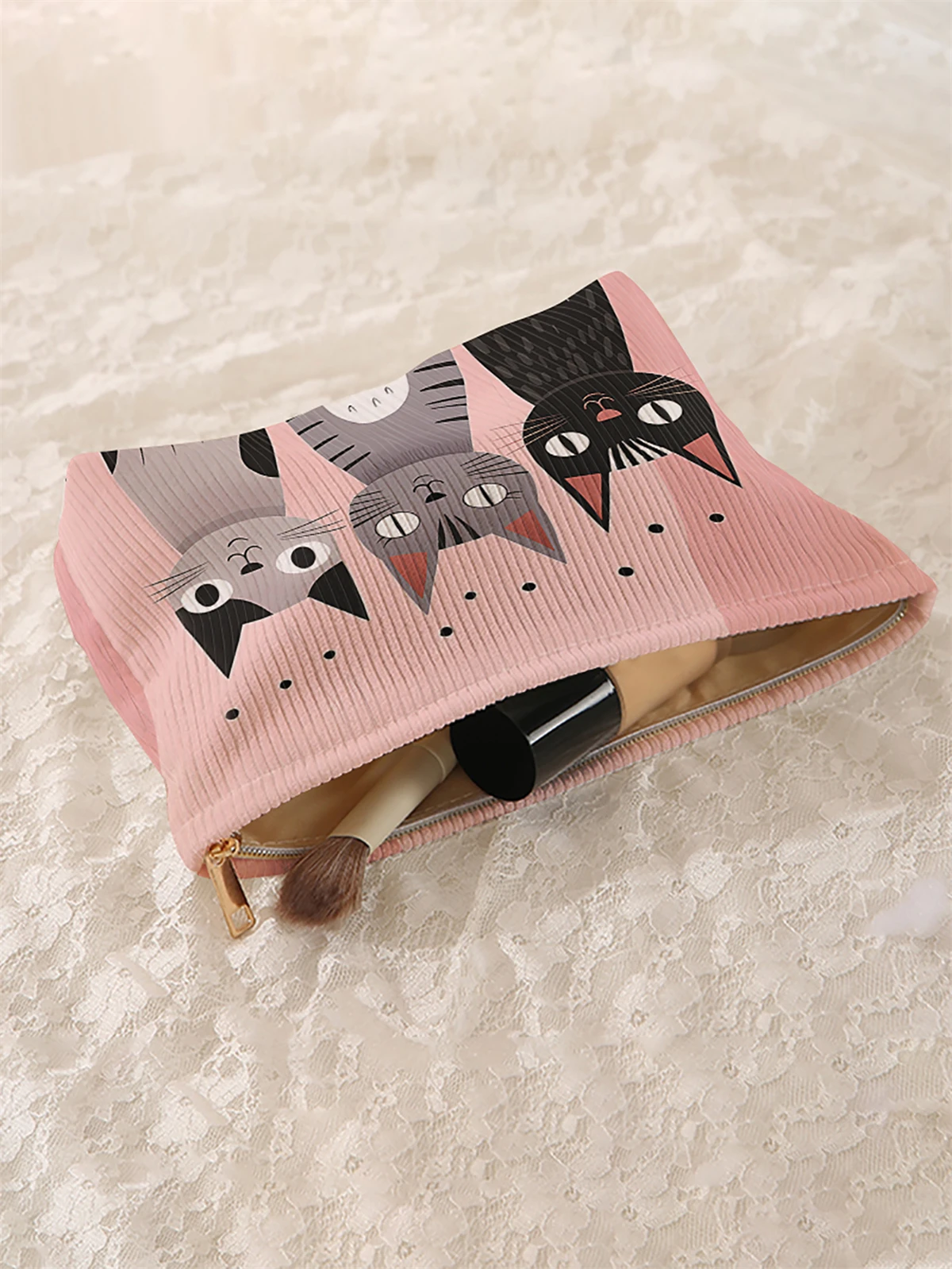 1 cat patterned corduroy makeup bag, lightweight zipper makeup storage box, multifunctional bag with lining