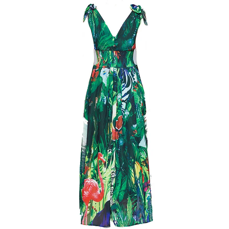 

Runway Forest Animal Print Long Dress for Women, Green Maxi Dress, Bow Tie Strap, V-Neck, High Elastic Waist, Chiffon, Summer