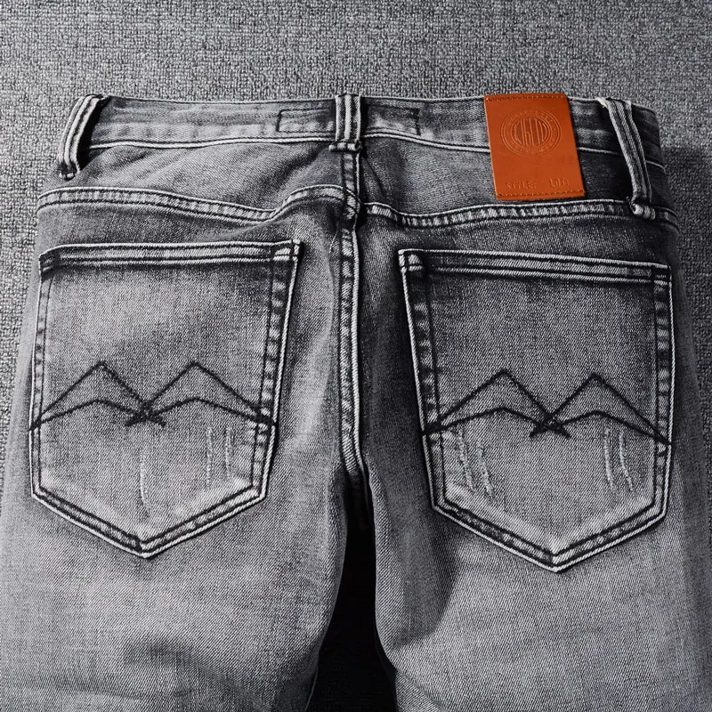 Fashion Designer Men Jeans High Quality Retro Dark Gray Stretch Slim Fit Ripped Jeans Men Vintage Designer Denim Pants Hombre
