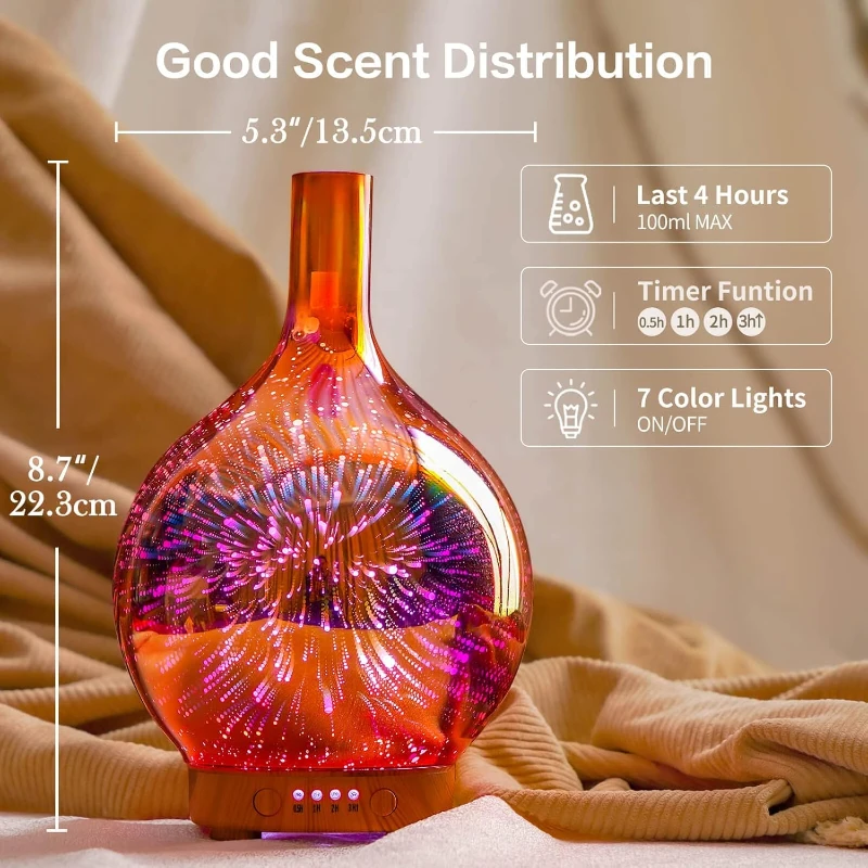 Porseme Essential Oil Diffuser 3D Glass Humidifier 7 Color Changing LEDs Waterless Auto-Off Timer Setting bpa Free ultrasonic 6