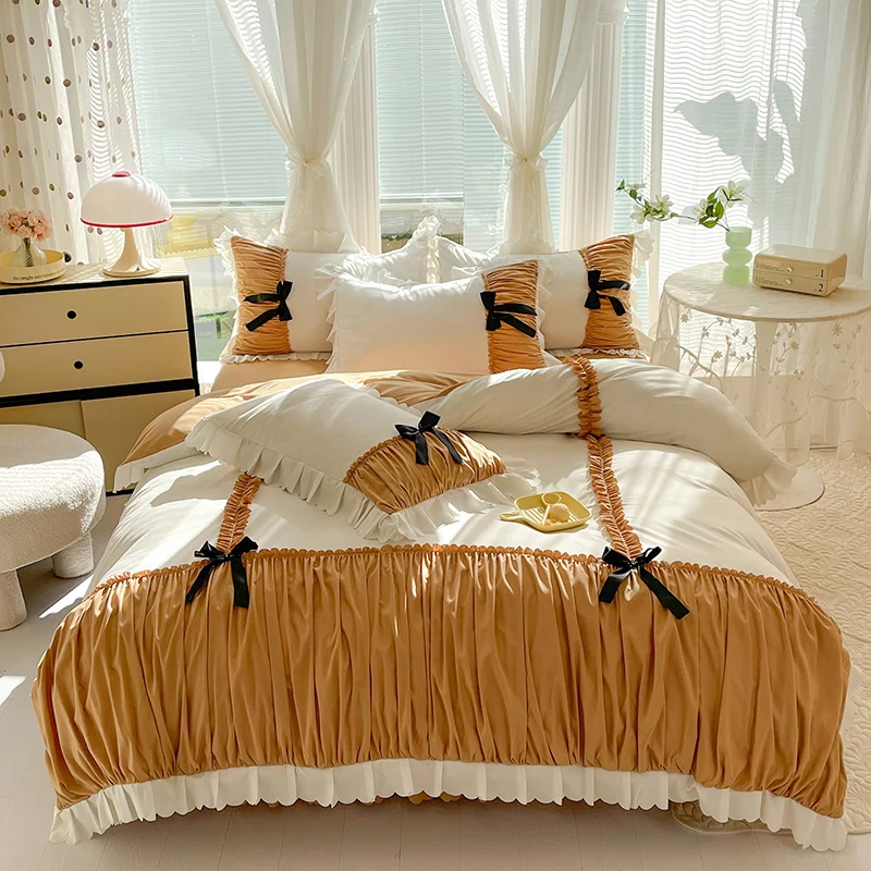 

Korean Princess Pleat Ruffles Bedding Set with Bow Decoration, Duvet Cover Set, Bed Sheet, Bed Skirt, Bedspread, Pillowcases