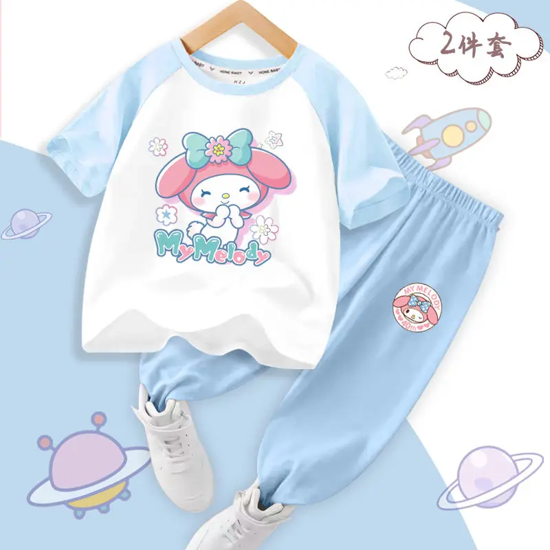 

My Melody Girls Short Sleeve Sanrio Kawaii Anime Print Tops Summer Sweet Cute Babys Sports Set Clothes Tide Gift for Kids