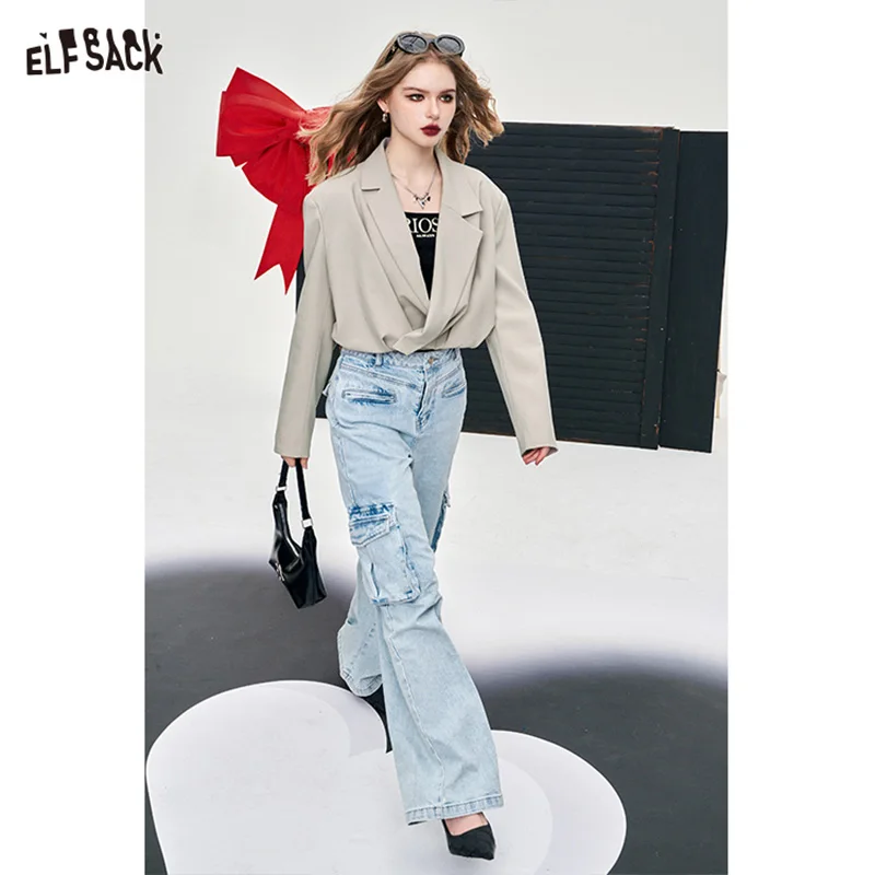 ELFSACK temperament frill cropped blazer coat for women 2024 spring new office style lapel casual style hot girl loose top coat