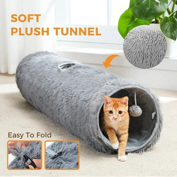 Large Cat Tunnel, 44.9 Inches Long Collapsible Cat Tube 9.8 Inches in Diameter, Collapsible Fluffy Plush Cat Toys for Indoor Cat 2