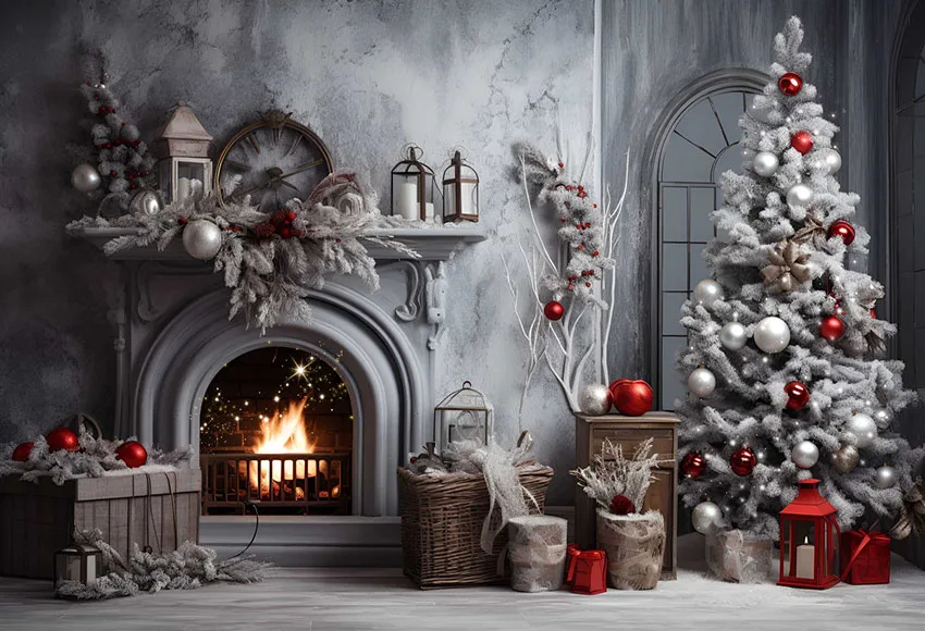 AIBIIN 7x5ft Kerst Fotografie Achtergrond Frans Venster Kerstboom Geschenken Winter Party Foto Achtergrond Thuis Behang Decoratie Banner Studio Booth Prop Supplies